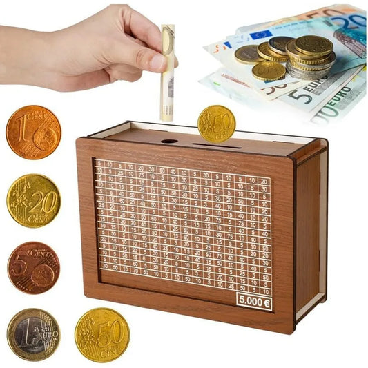 Premium Wooden Piggy Bank with Savings Goals – Available in Euro Denominations: 1000, 2000, 3000, 5000, and 10000!